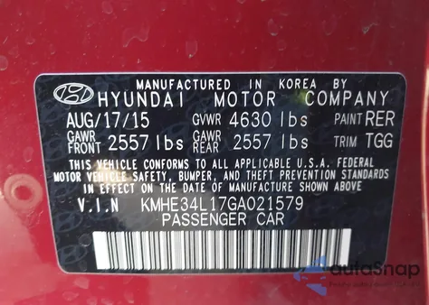 2016 Hyundai Sonata Hybrid Limited from USA, damaged, VIN KMHE34L17GA021579